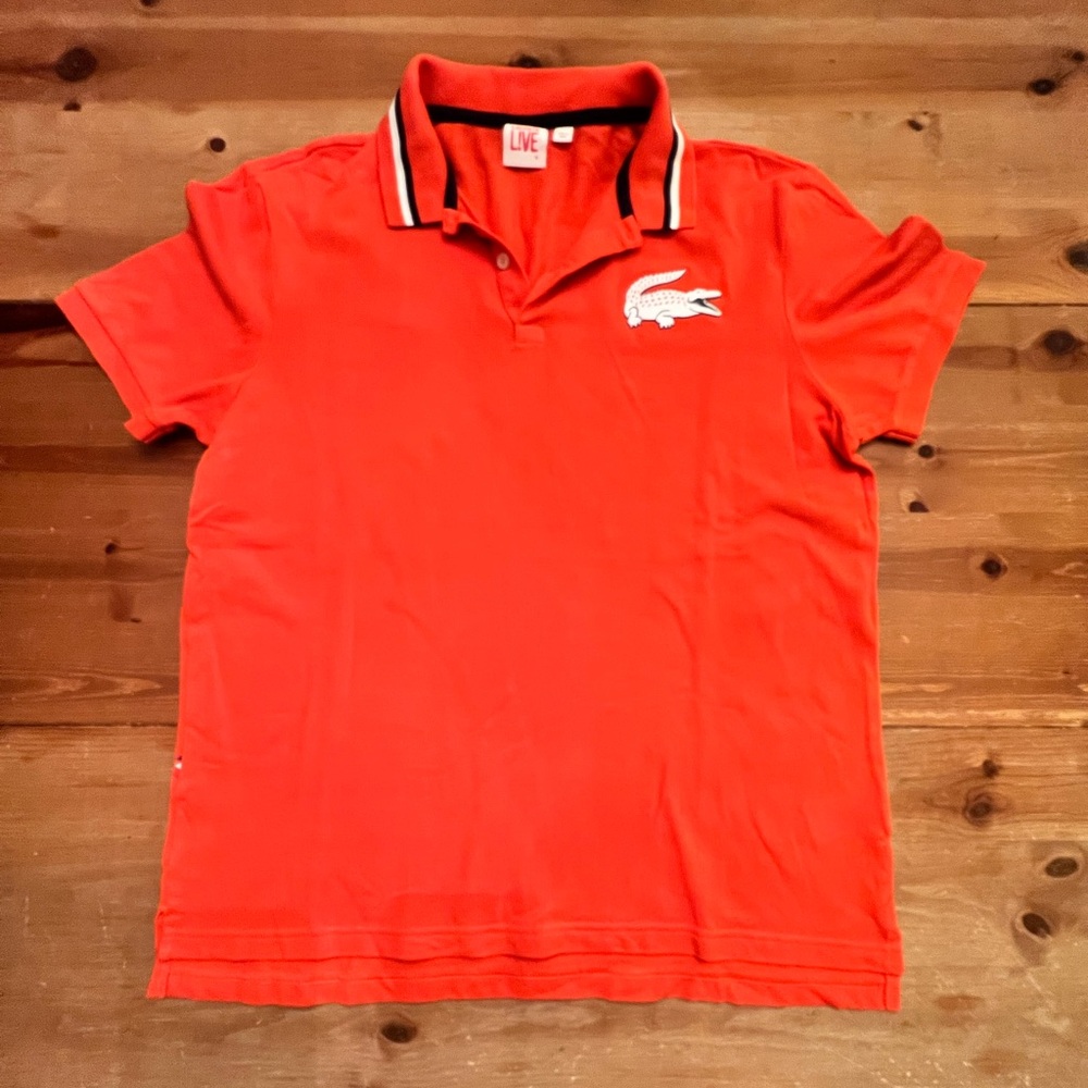 Mens Orange 100% Cotton Lacoste Polo with large rubberized crocodile logo Large
